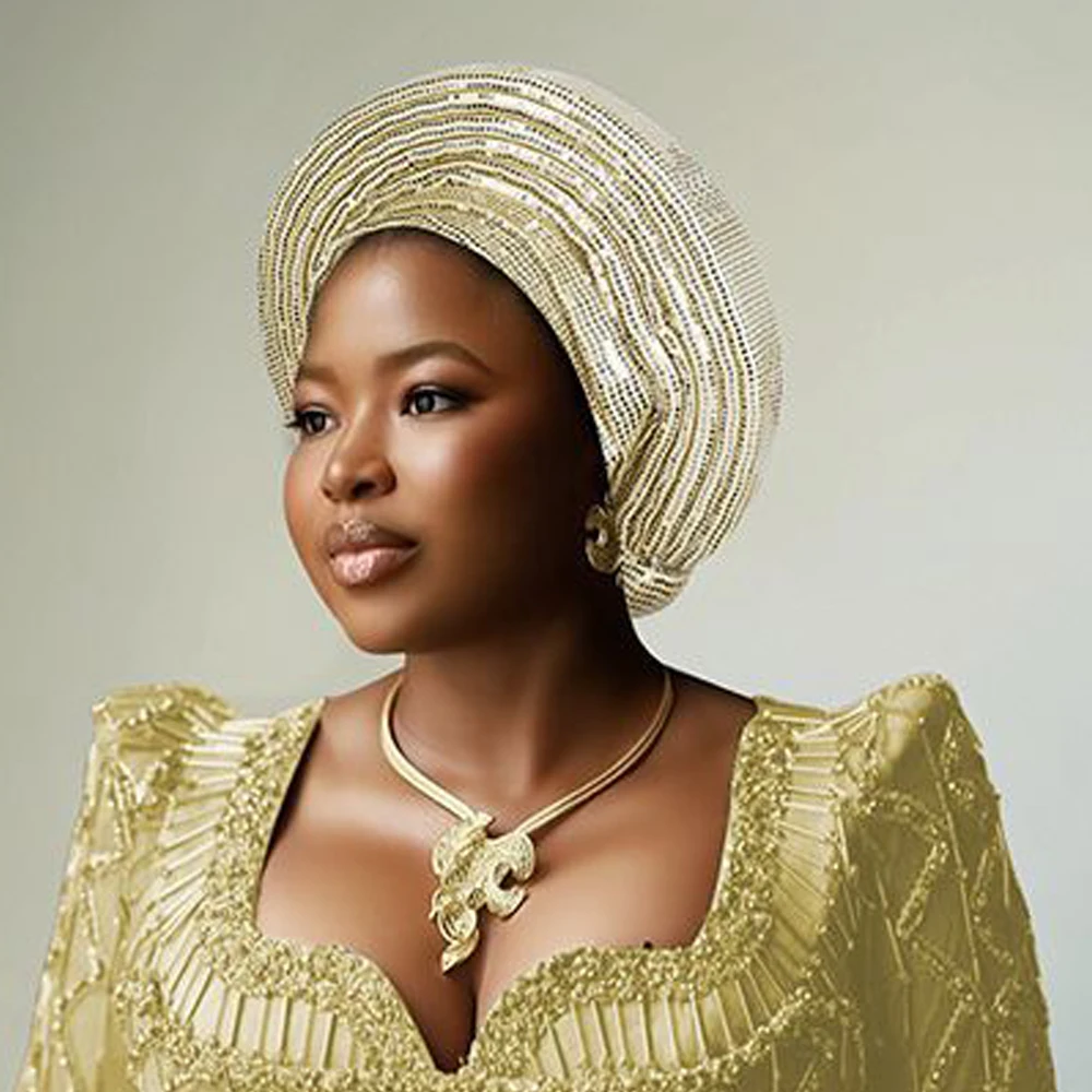 

2025 New African Headtie Turban Nigeria Auto Gele Head Wraps Auto Gele Women's Turban Cap Wedding Geles Muslim Head Wraps Bonnet
