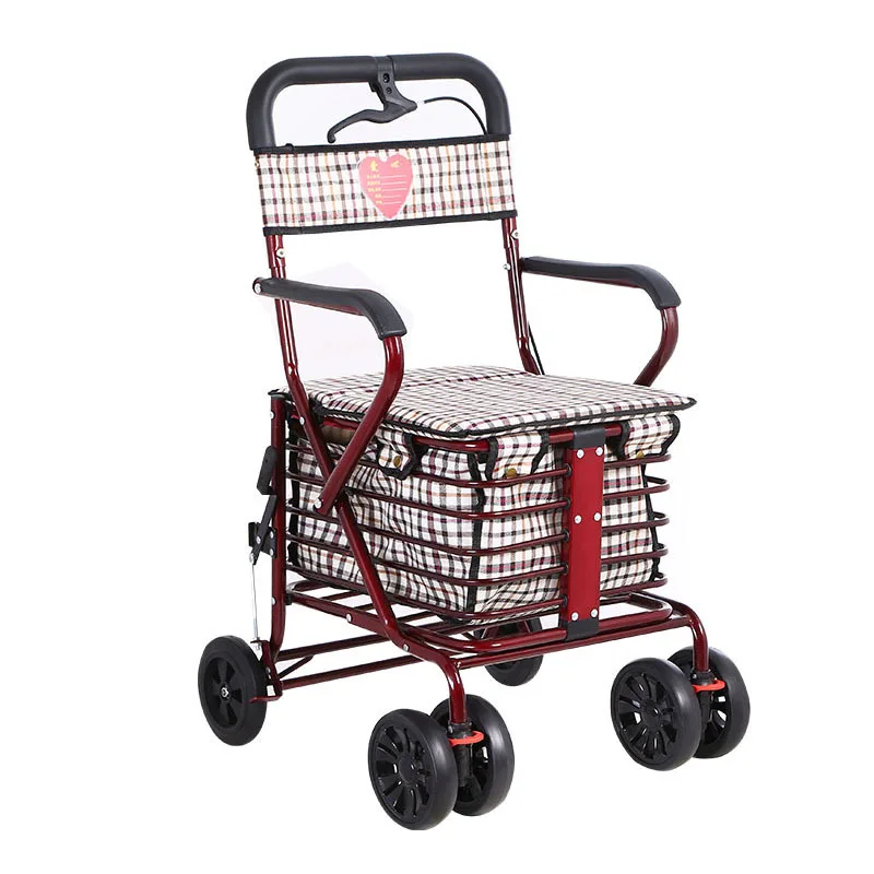 Push-sit Folding Shopping Cart for The Elderly Four Wheeled Baskets for The Elderly Hand-pushed Shopping Trailer