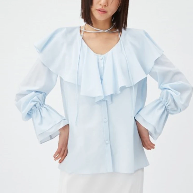 Sweet Chic Flare Long Sleeve Shirts Blouses New Elegant Ruffled Collar Blusas Mujer Moda Shirt Tops 2024 Spring Clothes Women