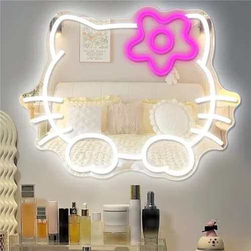 Anime Hello Kitty Mirror Neon sign Dimmable Led Neon for Dresser indoor Room Decor Wall Mirror Neon Light Kid Girl Gifts