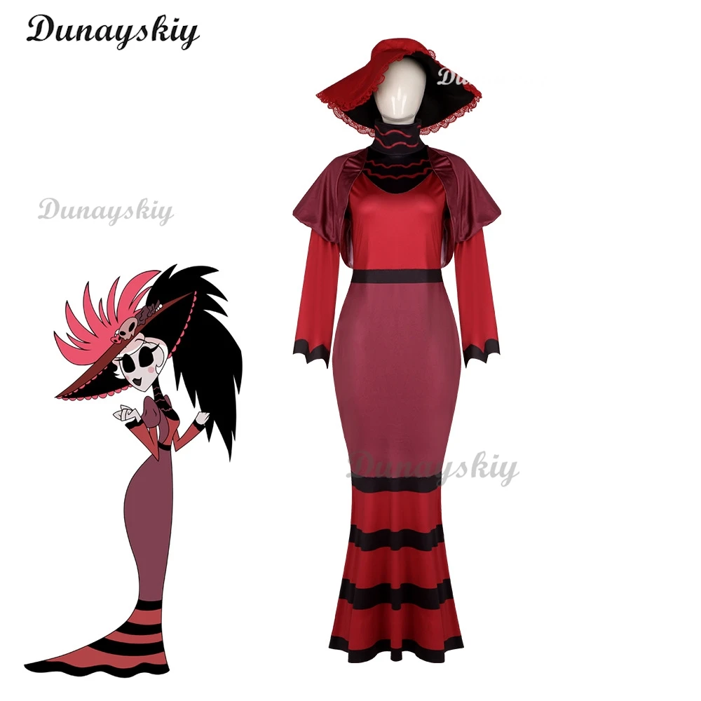 روزي كوسبلاي أنيمي هازبينزين زي شعر مستعار فندق كوس فستان أحمر زي موحد لعب الأدوار حفلة الهالوين مجموعة كاملة للنساء البالغات