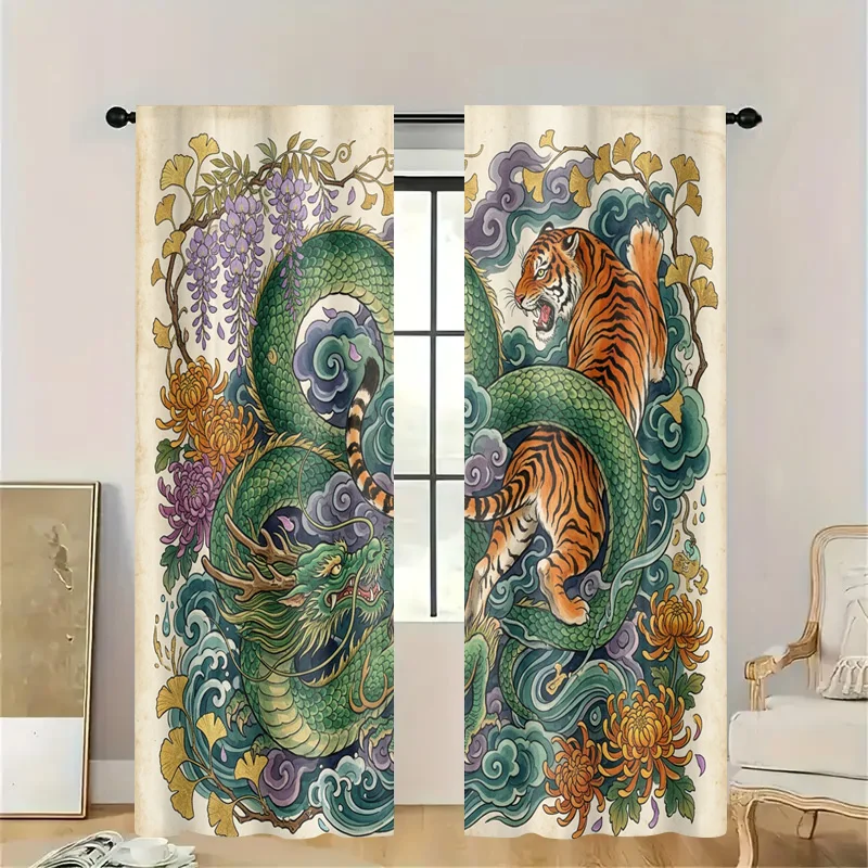Luxurious Asian Dragon Tiger Mural Curtains Window Decor Tapestry Panel Home Accent Drapery Chinoiserie Art Style