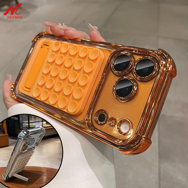 Luxuriöse Airbag-Hülle mit Beschichtung für iPhone 17 16 15 14 13 12 11 Pro Max – Weiche TPU-Schutzhülle mit Saugnapf-Silikonhalterung und Ständer