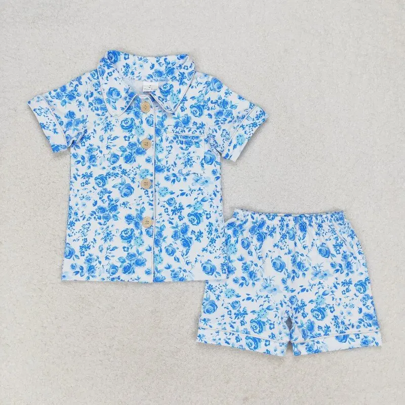 

New rts baby girls summer suits wholesale boutique blue flower pattern girls short sleeve shorts pajamas set