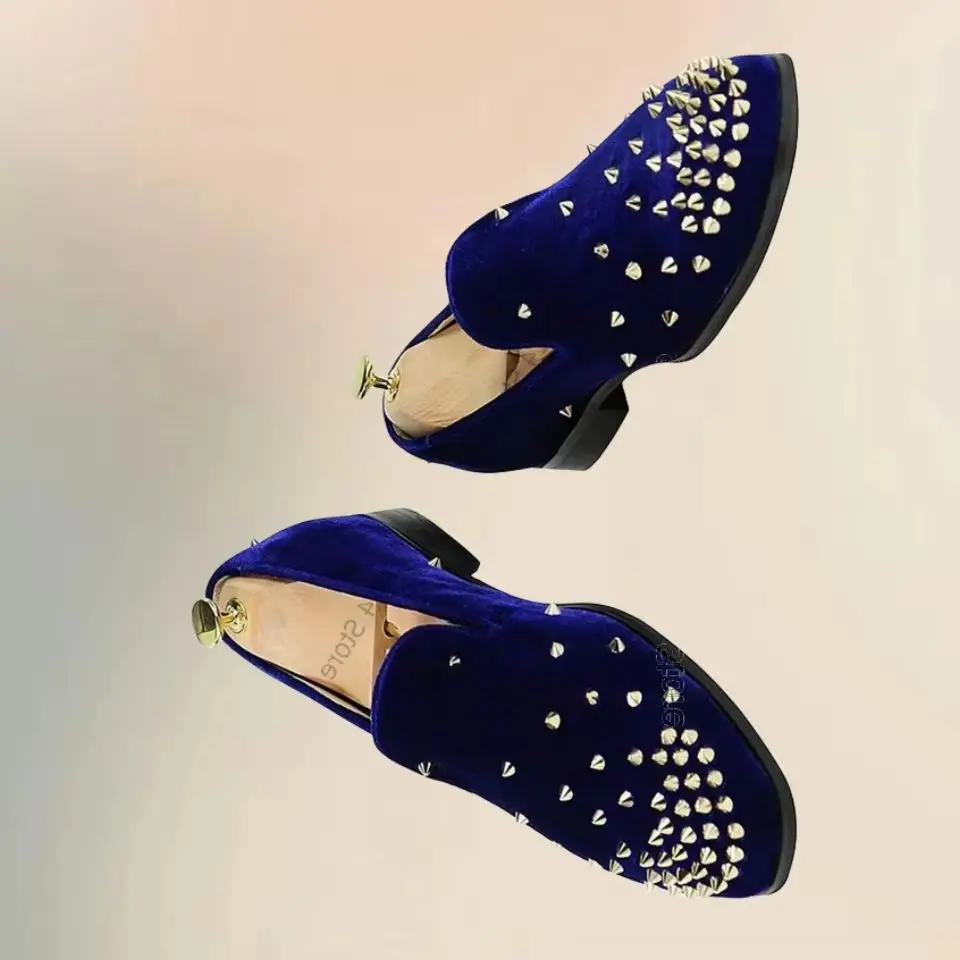 

Gold Rivets Decor Blue Corduroy Square Toe Loafers Fashion Slip On Men Shoes Luxurious Handmade Party Banquet Men Casual Shoes