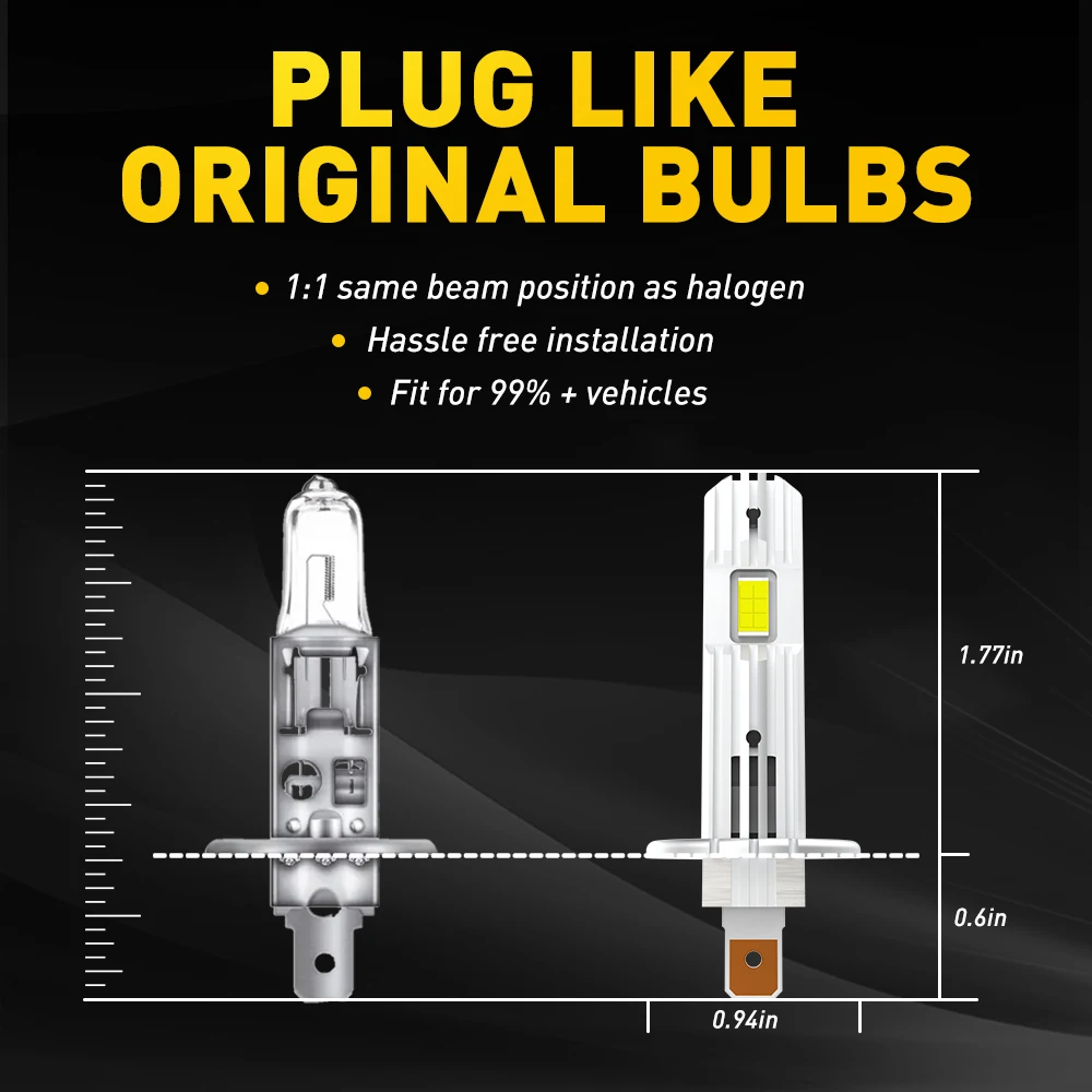 AUXITO 2Pcs 12000LM H1 LED Headlight Bulb H1 LED Canbus Car Head Fog Light 6500K White 12V 60W No Fan for Volkswagen VW Kia