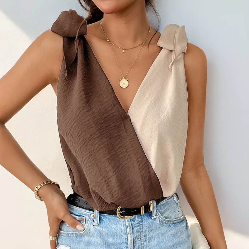 Summer Hot Selling New Color Blocking Patchwork Jumpsuit with Lace Up Straps and Sleeveless V-neck Shirt