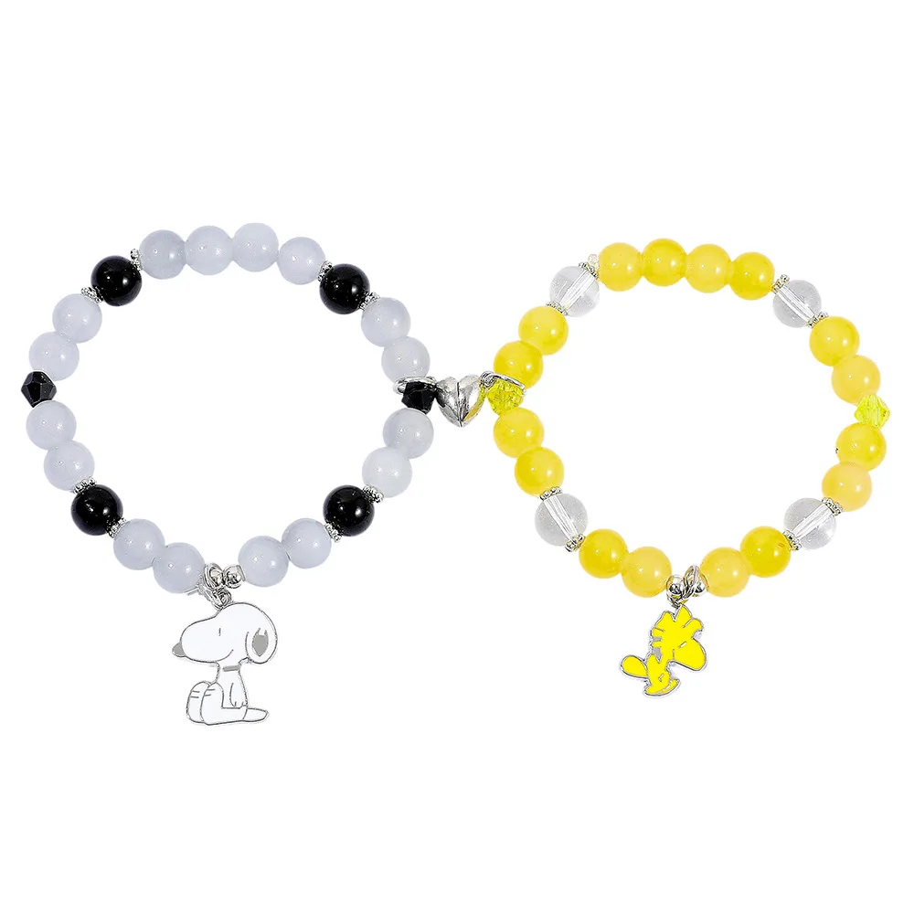 Cartoon Snoopy And Woodstock Magnetic Couple Bracelet Set, Beaded Matching Friendship Jewelry For Lovers & Friends