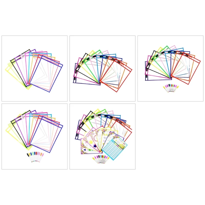 10PCS 워크시트 포켓 재사용 가능한 투명 플라스틱 시트 보호기 마커, 펜 슬롯이 있는 방수 플라스틱 포켓,