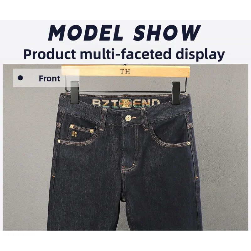 Celana jeans warna musim gugur untuk pria, bordir minimalis mewah, celana lurus kecil warna biru tua.