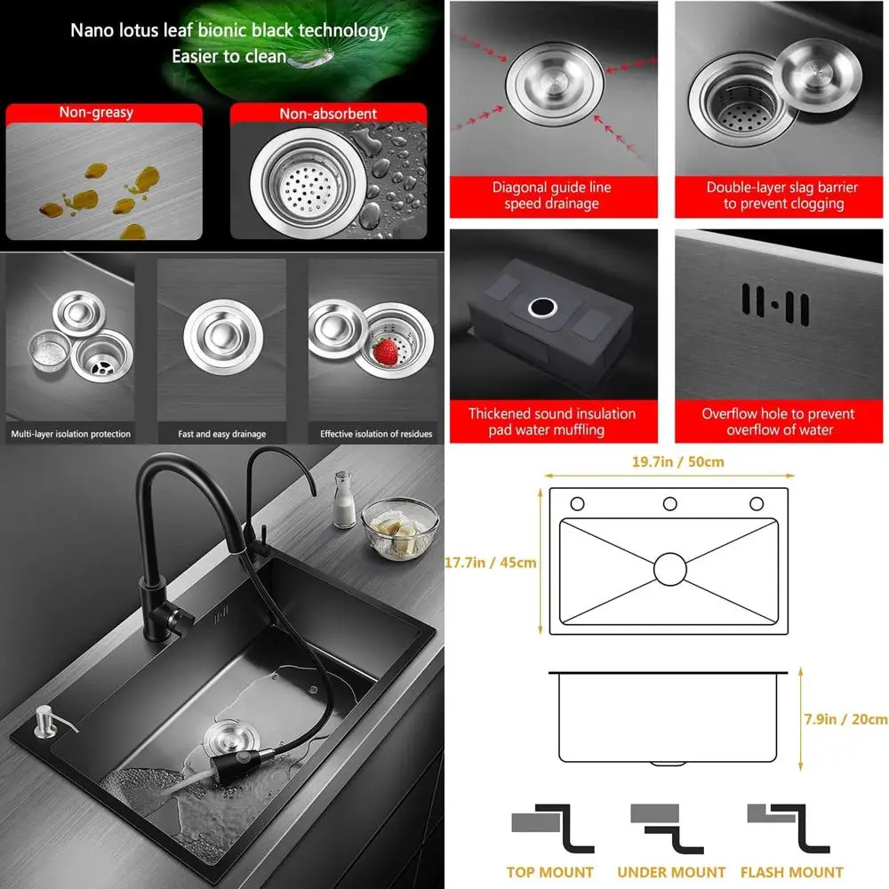 

Кухонная мойка из нержавеющей стали с одной чашей и выдвижными аксессуарами, 19,7x17,7 дюймов, встраиваемая/навесная рабочая мойка