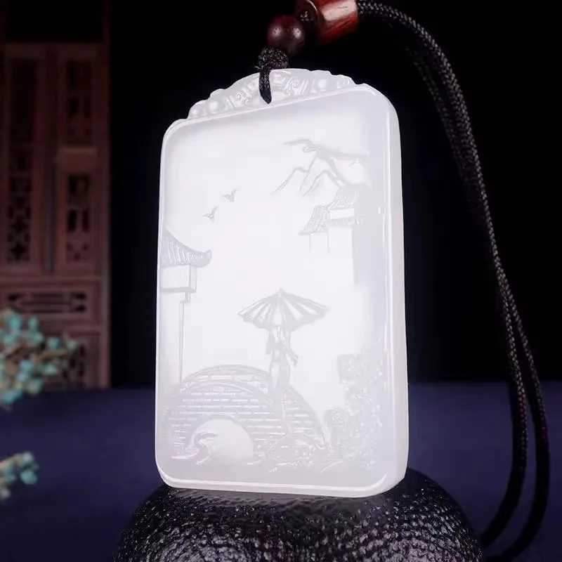 Natural White Jade Hand Carved Landscape Pendant Fashion Boutique Jewelry Men's and Women's Landscape Painting Necklace Gift