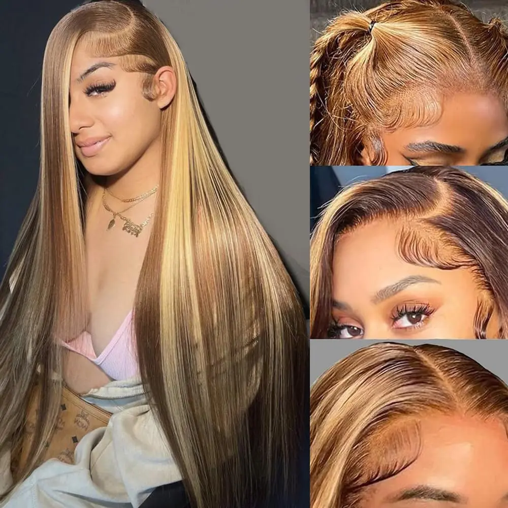 

Highlight Ombre Lace Frontal Wig Human Hair Pre Plucked 4/27Straight Wave Human Hair Wigs for Women 13x4 HD Lace Frontal Wig