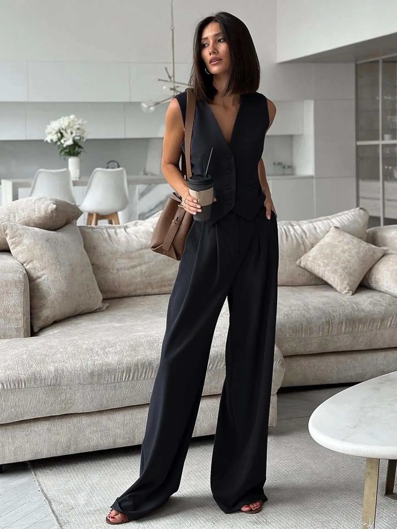FASHION SUIT VEST, VEST, VEST, WIDE LEG PANTS, CASUAL SUIT, NEW PROFESSIONAL VERSATILE BUSINESS STYLE TWO‑PIECE SET