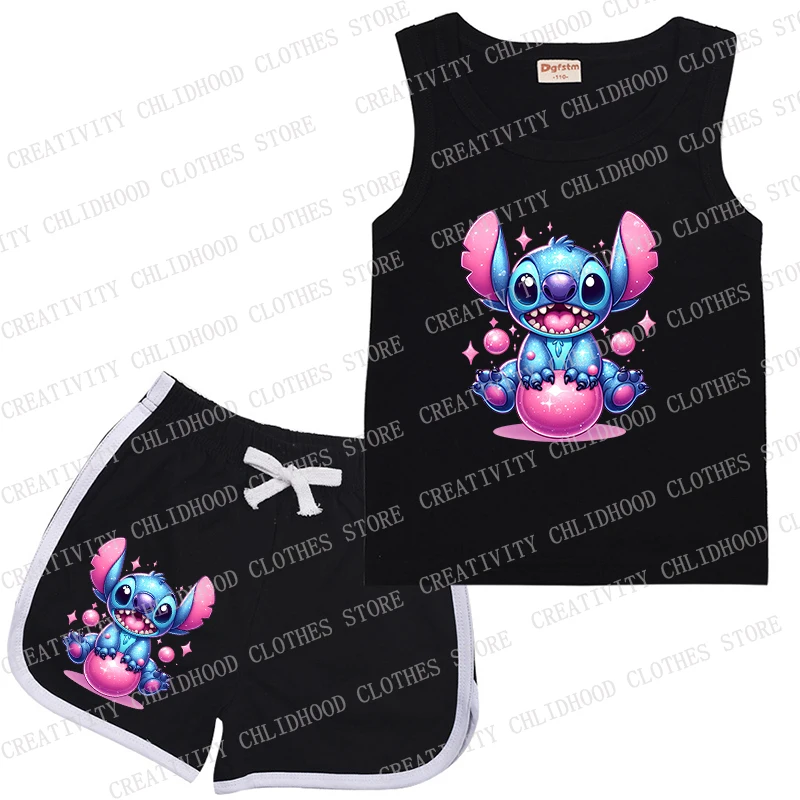 Stitch Strawberry Children Sports Suit Kids Vest & Shorts Disney Cartoons Summer Casual Clothes Sleeveless for Girl Boy Sets