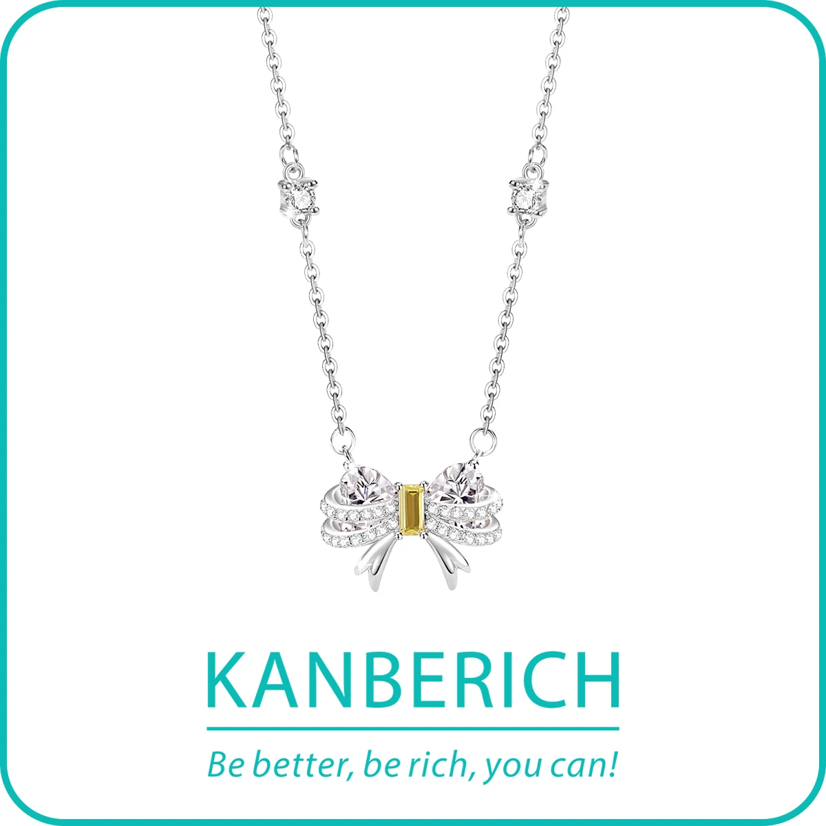 

Kanberich S925 Real Sterling Silver Cubic Zirconia Girly Romantic Bow Pendant Clavicle Chain Necklace