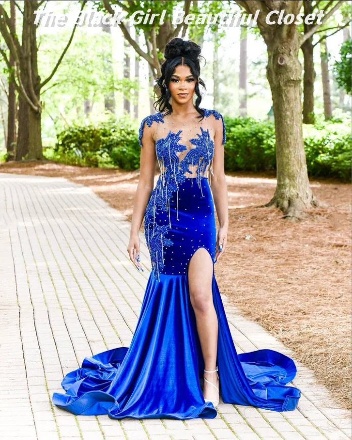 High Luxury Blue Cocktail Dresses 2024 Glitter Pearl Applique Tassel Decoration Party Dresses Black Girls High Slit Dresses