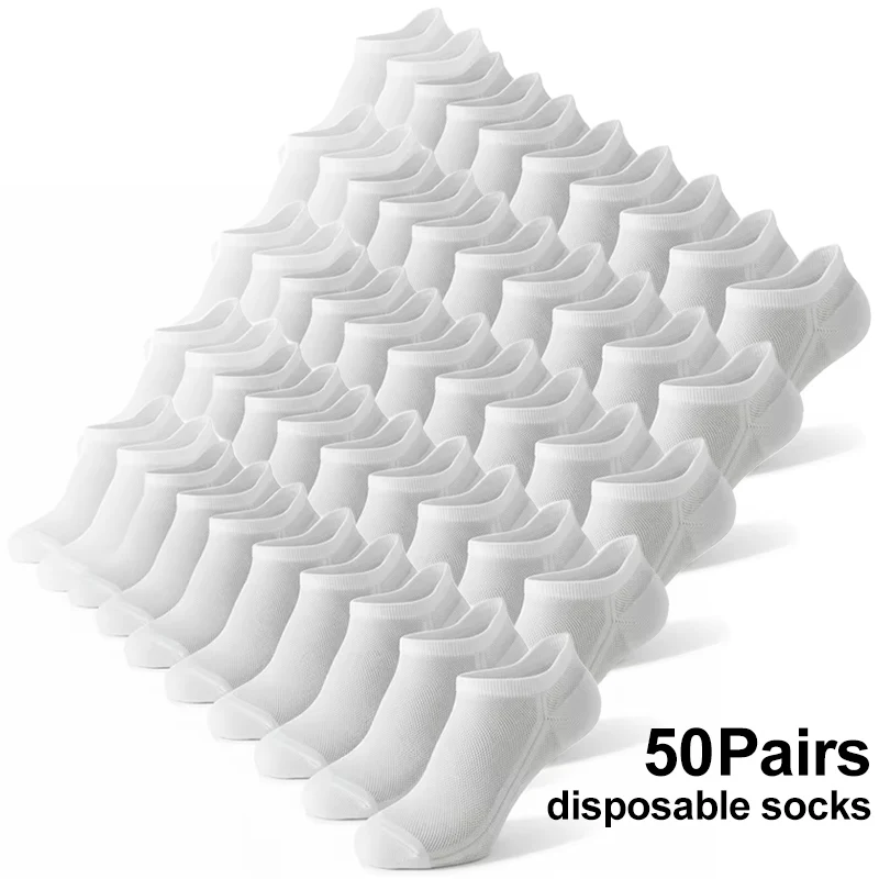 50 Pairs White Disposable Socks, breathable mesh, non-slip, lightweight & quick-dry. Ideal for travel, gym, hiking business