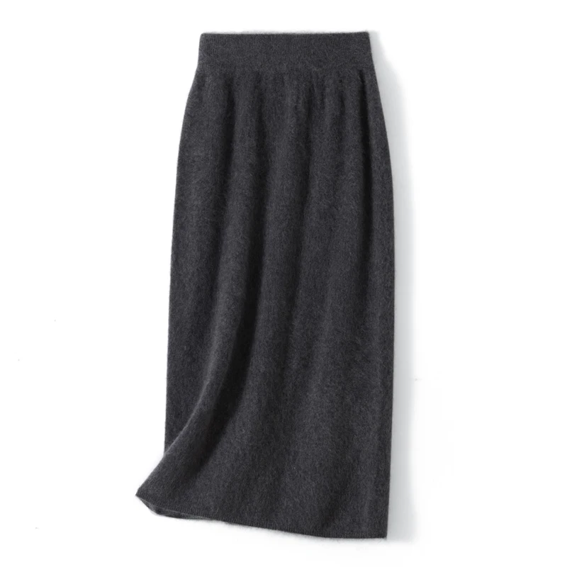 

5% Cashmere 95% Wool Midi Skirt Autumn Winter Thick Warm Knitted Long Skirt Women High Waist Slim A-line Skirt Hip Hugging Skirt