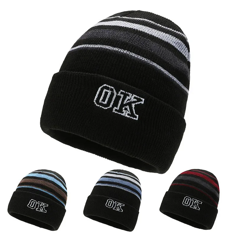 Winter Mens Hats Knitted Hat Color Stripe Thickening Warm Adult Unisex Casual Beenie Hats Outdoor Sports Riding Designers Beanie