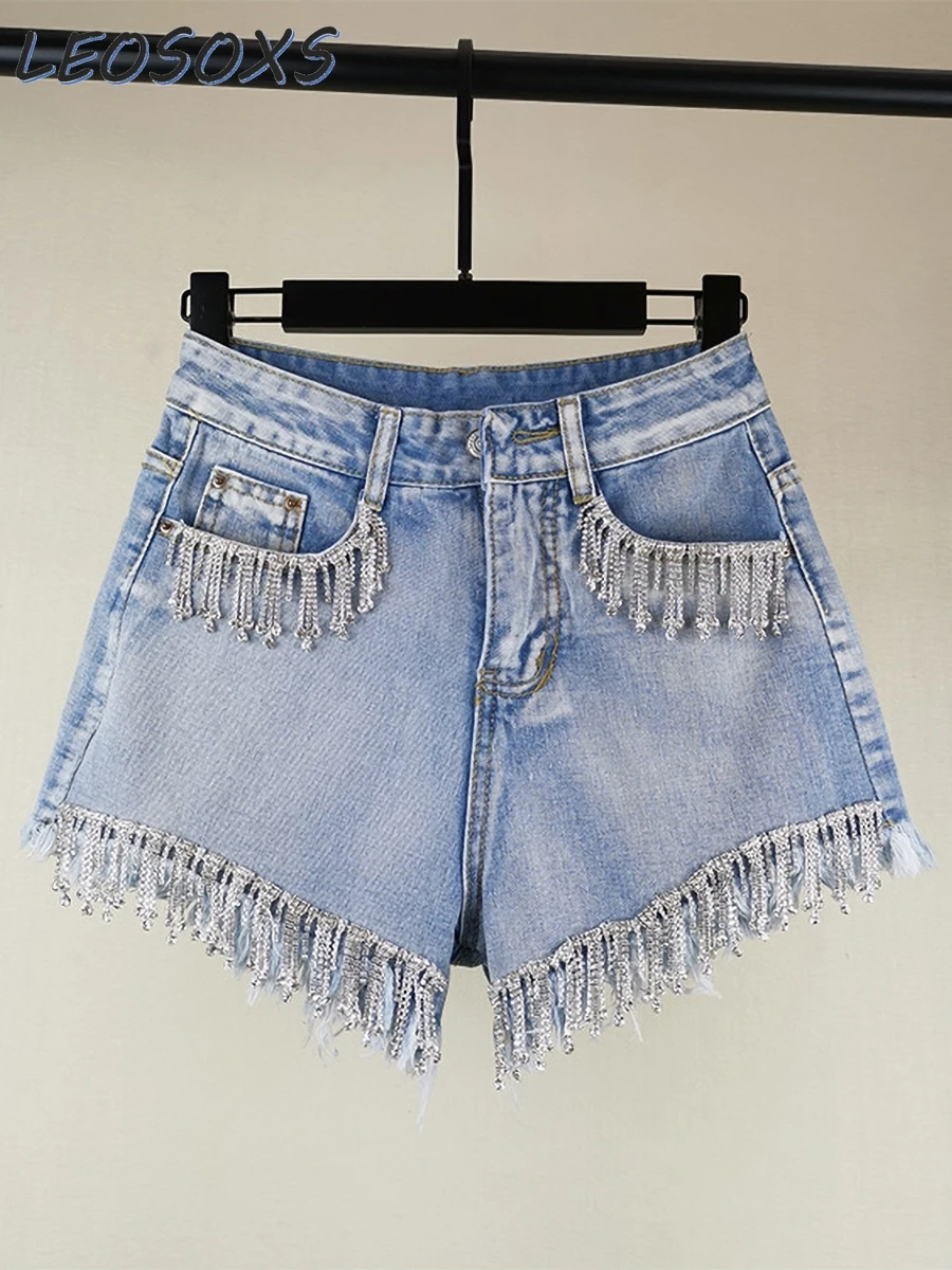 

LEOXOSE 2024 Summer New Korean Wide-leg Pants Rhinestone Fringed High-waisted Denim Shorts Women's Hot Pants Womens Shorts