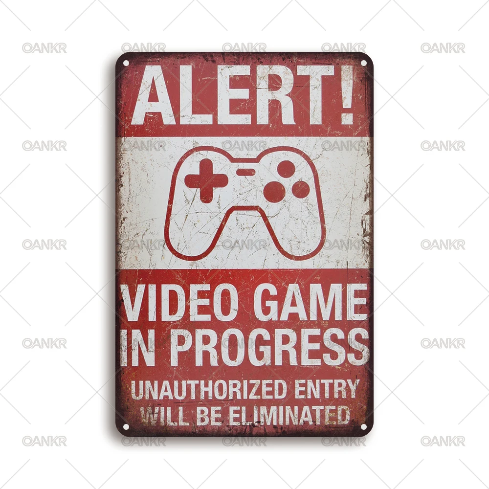 Vintage Game Them Metal Tin Sign, Retro Caution Gaming In Progress Gamer Wall Art Decor, Funny Room Home Accessories Chic Gift