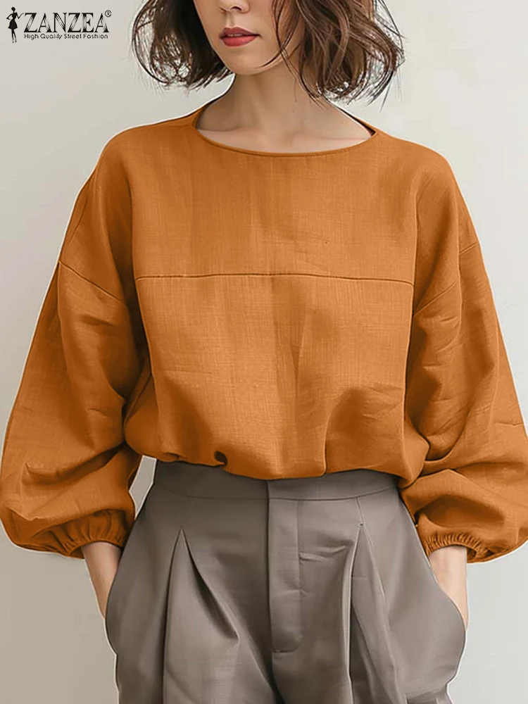 ZANZEA Fashion Loose 3/4 Lantern Sleeve Blouse Women 2024 Summer Patchwork Baggy Tops Shirt Korean Solid Office Round Neck Blusa