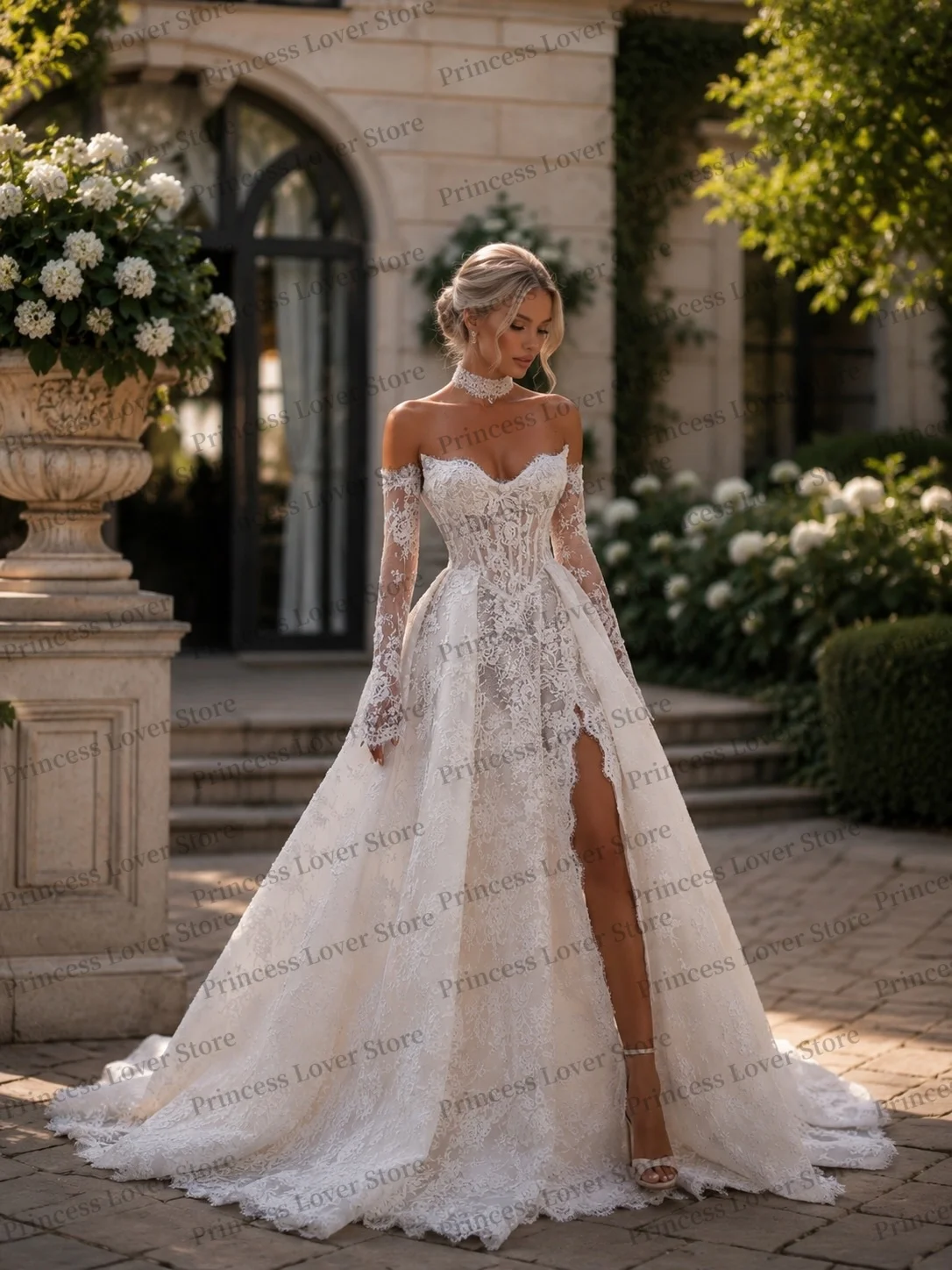 Lace Corset Wedding Dresses A Line Side Slit Bridal Gown Removable Sleeves Floor Length robe de mariée Customized