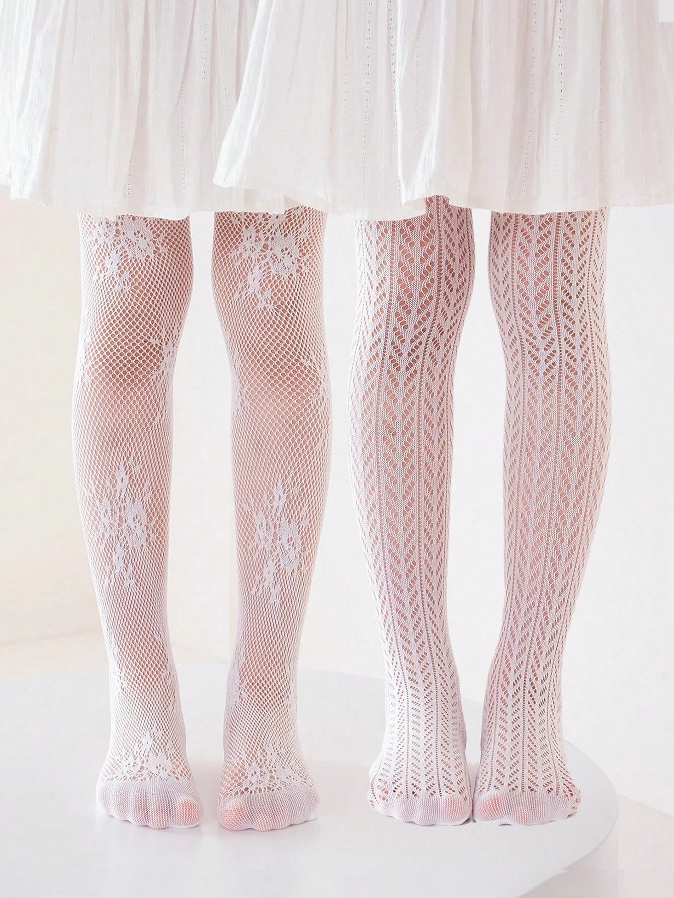 2 Pairs Girls' Thin Net Tights White Lace Mesh Pantyhose Breathable Kids Party Lolita Stockings Elastic Children's Dance Tights
