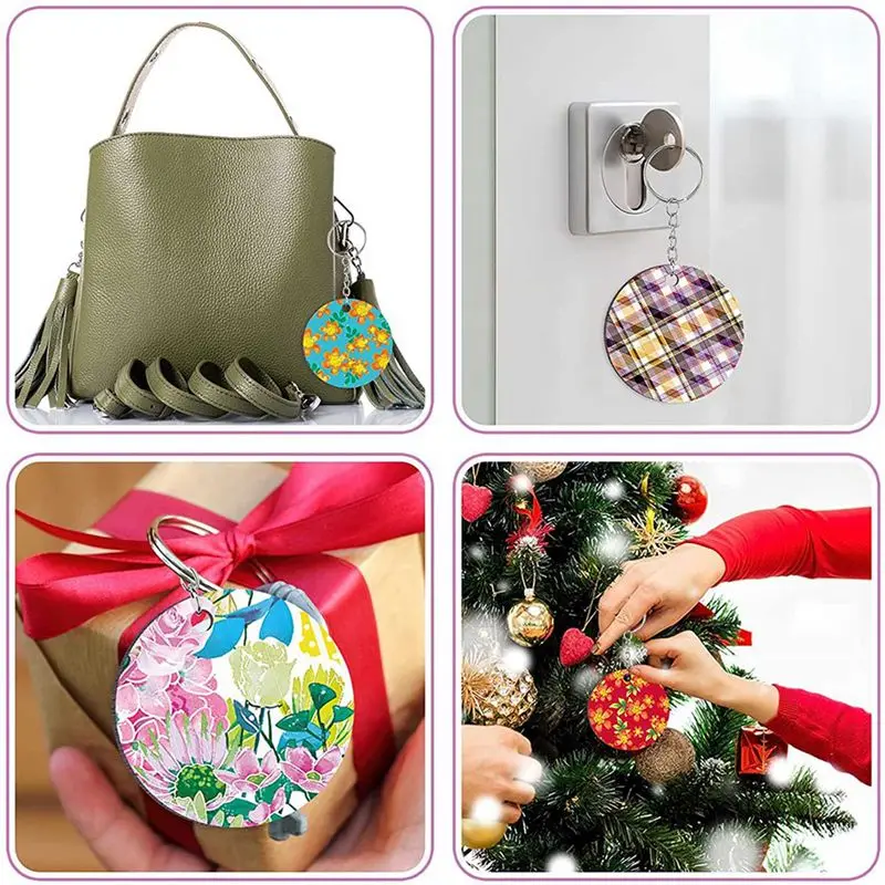 A32HOT-720 Pieces Sublimation Blanks Keychain Set Round Key Rings Sublimation Ornament Blanks Heat Transfer Keychain Tassels