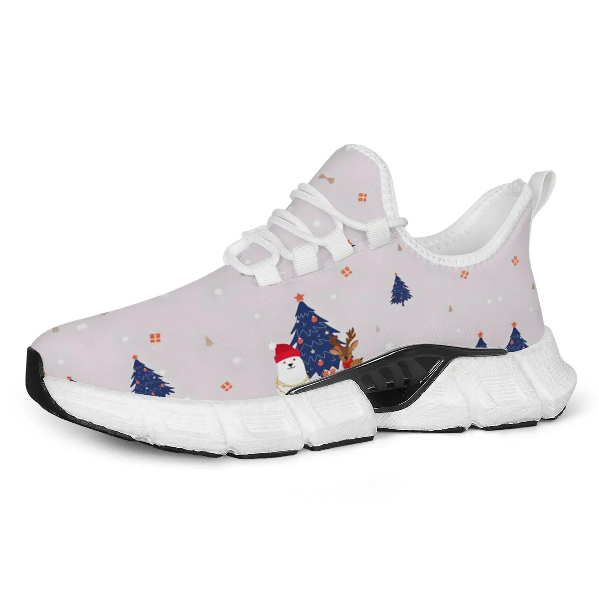 

Women Comfort Casual Sport Shoes Light Pink Christmas Pattern Sports Shoes with Polar Bear Reindeer Christmas Trees Men Sneakers