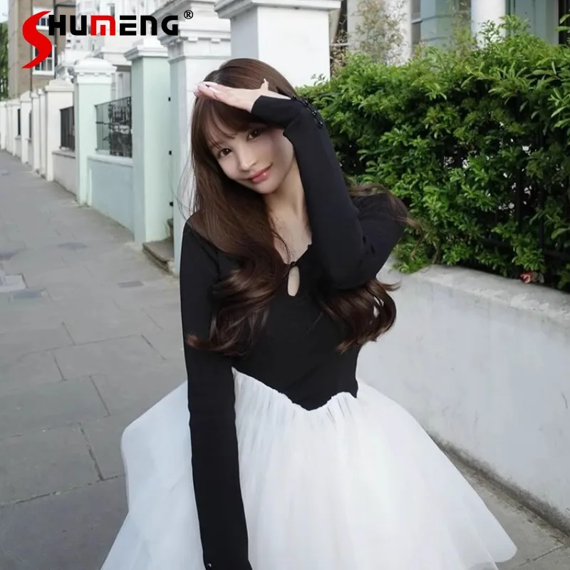 

Elegant V-Neck Slimming Vestidos Asymmetric Mesh Ballet Style Dresses Japanese Long-Sleeved Puffy Gorgeous 2-Way Wear Long Dress