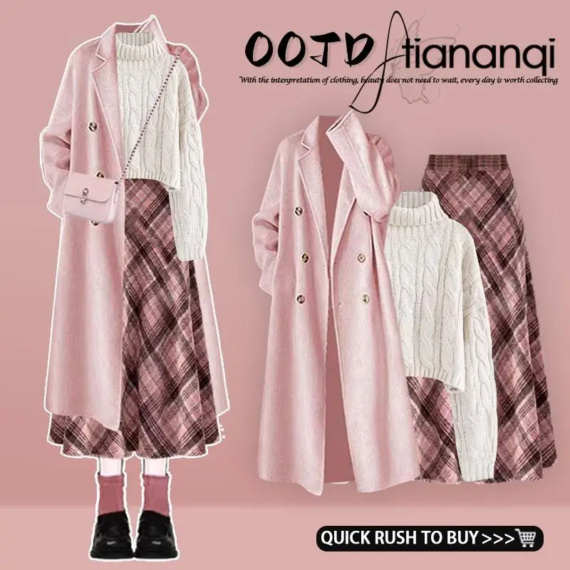 

Женский осенне-зимний комплект в корейском стиле: повседневный вязаный свитер с высоким воротником и клетчатая юбка