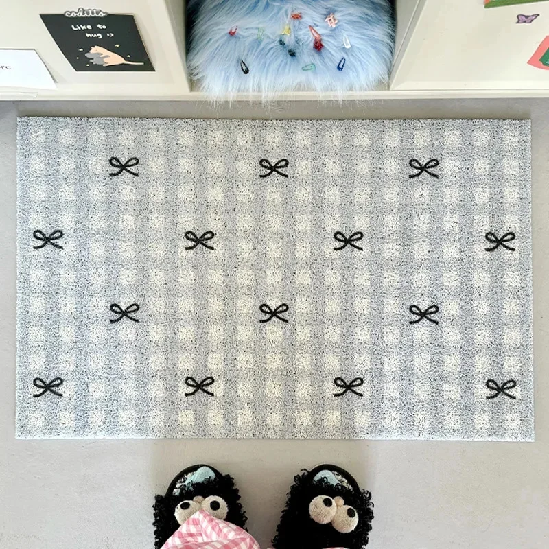 

Plaid Bow Knot Door Mat Korean Ins Waterproof Carpet Anti Slip Resistant To Dirt Silk Ring Mat PVC Bathroom Kitchen Carpet