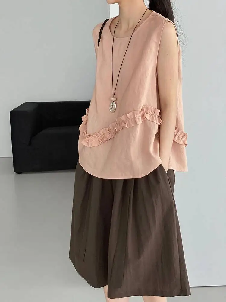 Women Red Linen Ruffles Big Size Tank Tops New Round Neck Sleeveless Personality Fashion Tide Spring Summer