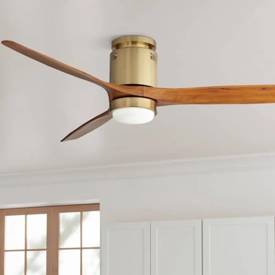 

52 Windspun Modern Indoor Ceiling Fan 3 Blade LED Light Remote Control Soft Brass Finish Motor Walnut Finish Wood Blades Bedroo