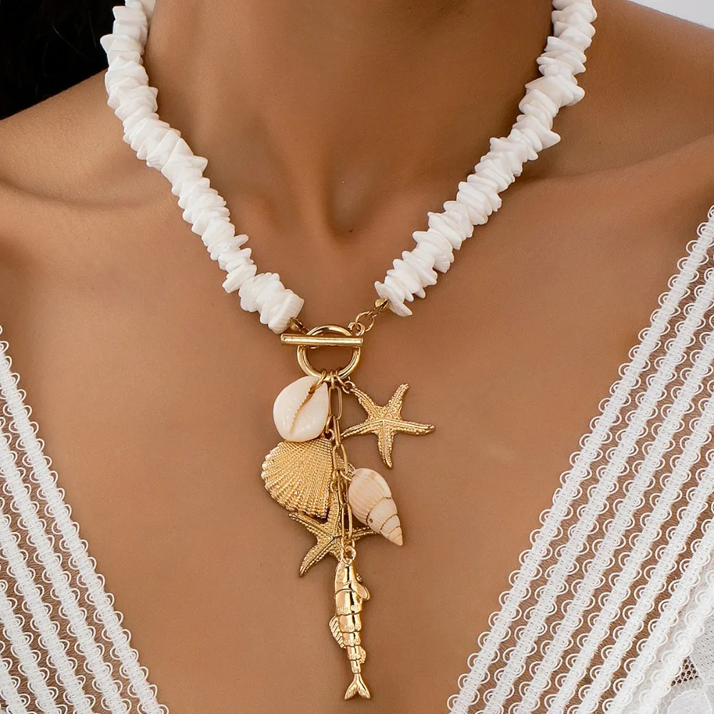 

Summer Beach Holiday Style Natural Shell Ocean Series White Shell,starfish,conch,fish Shape Pendant Necklace for Women to Wear