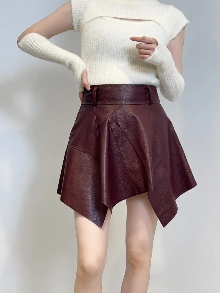 Hot Sexy Women Asymmetrical Mini Skirt Runway Designer High Waist Sheepskin Genuine Leather Skirts Ladies Night Clubwear Skirt