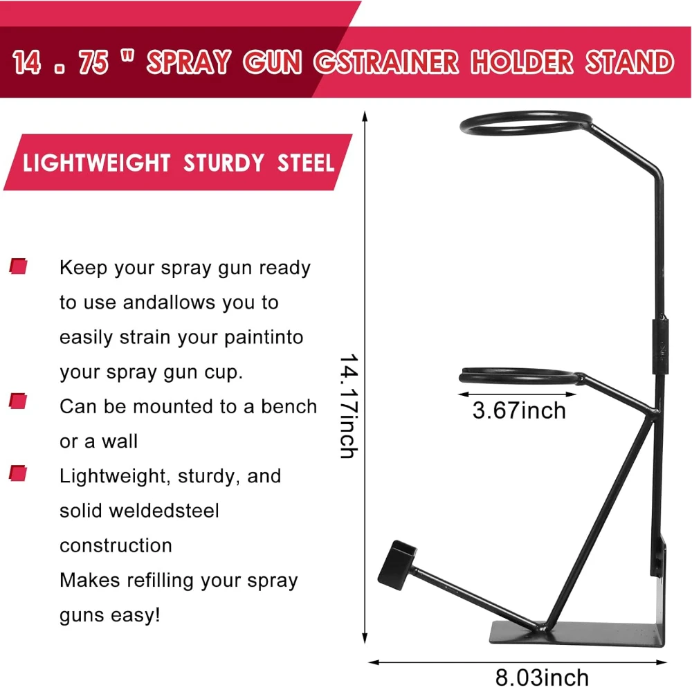 Gravity Feed Paint Spray Gun Holder Stand with Strainer Holder Wall or Bench Mount