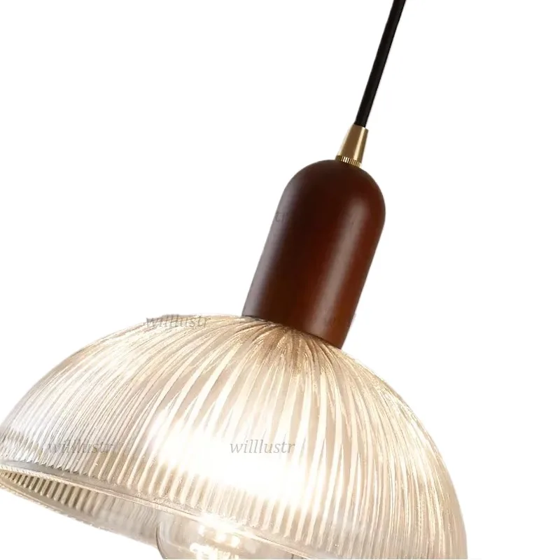

Ribbed Glass Pendant Lamp Wood Head Suspension Light Hotel Cafe Bar Living Dining Bedroom Modern Hanging Ceiling Chandelier