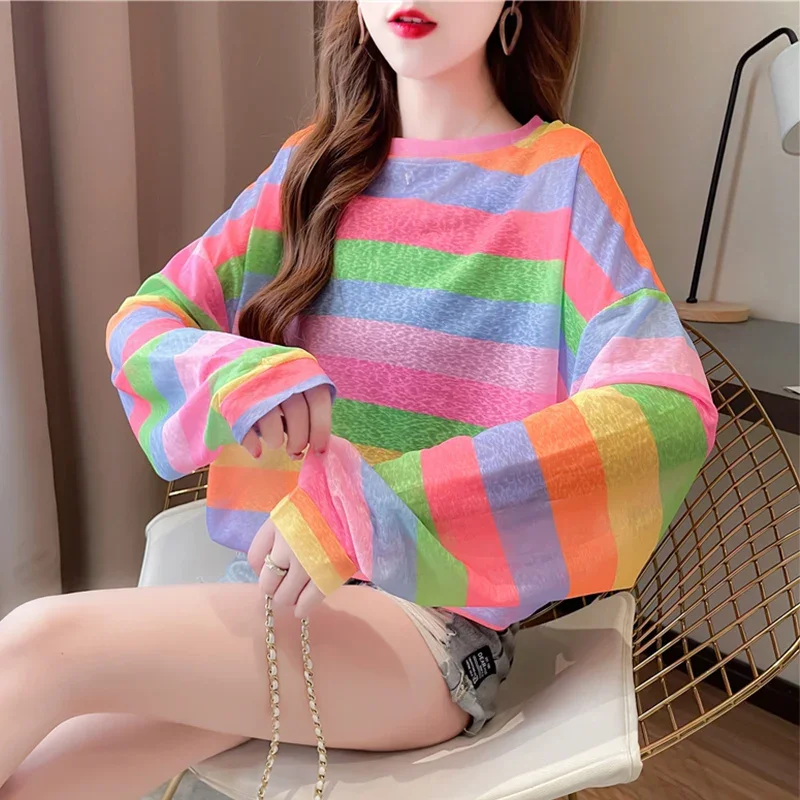 DAYIFUN Rainbow Striped T-shirts Women Oversize Transparent Tees Sexy Long Sleeve Harajuku Aesthetic Loose Casual Thin Mesh Tops