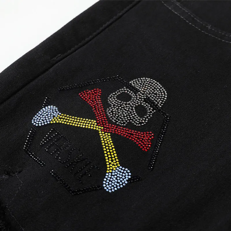 Y2K Fashion New Men's Jeans Skull Pattern Nostalgic Elastic Slimming Water Washed Black Jeans Italian Casual Pants Hombre