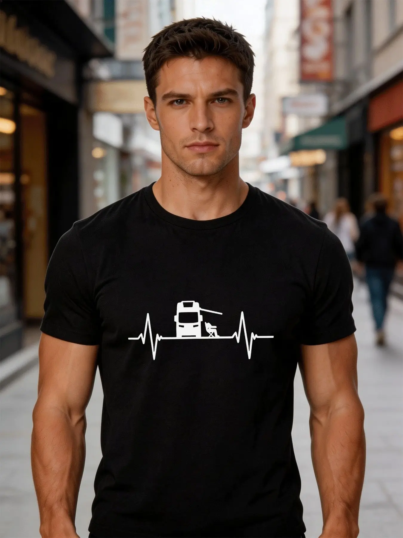Men Dark Gray Crew Neck Tee White ECG Heartbeat Line RV Camping Chair Silhouette Outdoor Travel Camper Casual Cotton Tops