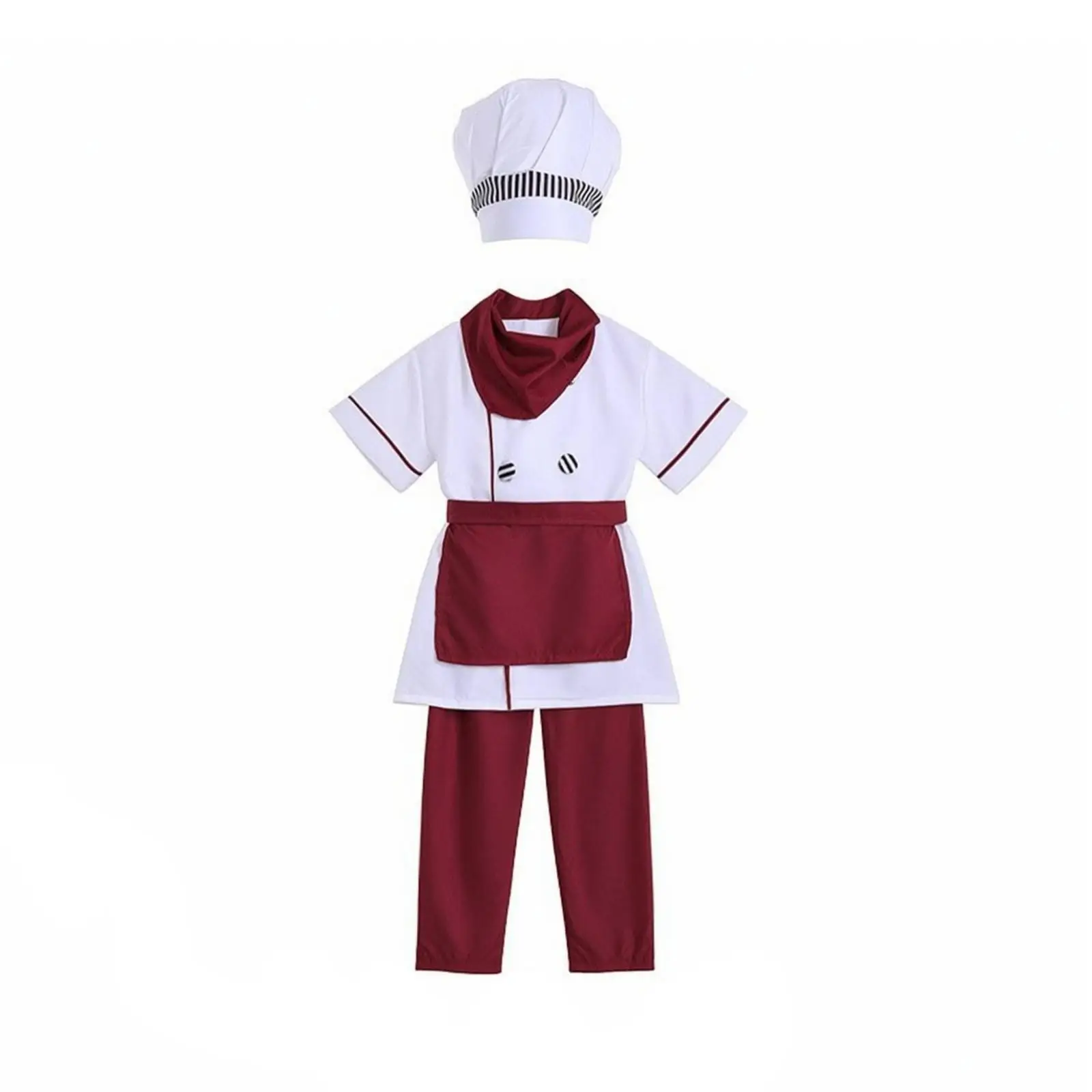 Kids Chef Costume Set 5 Piece White Top Maroon Pants Apron Hat for Cooking Play Dress Up