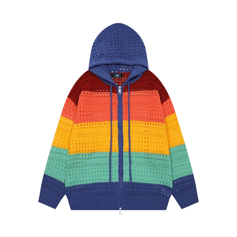 American Retro Color Striped Hollow Out Knit Hooded Cardigan Men Colorblocked Thin Cardigans Y2k Sweater Baggy Knitwear Outwear