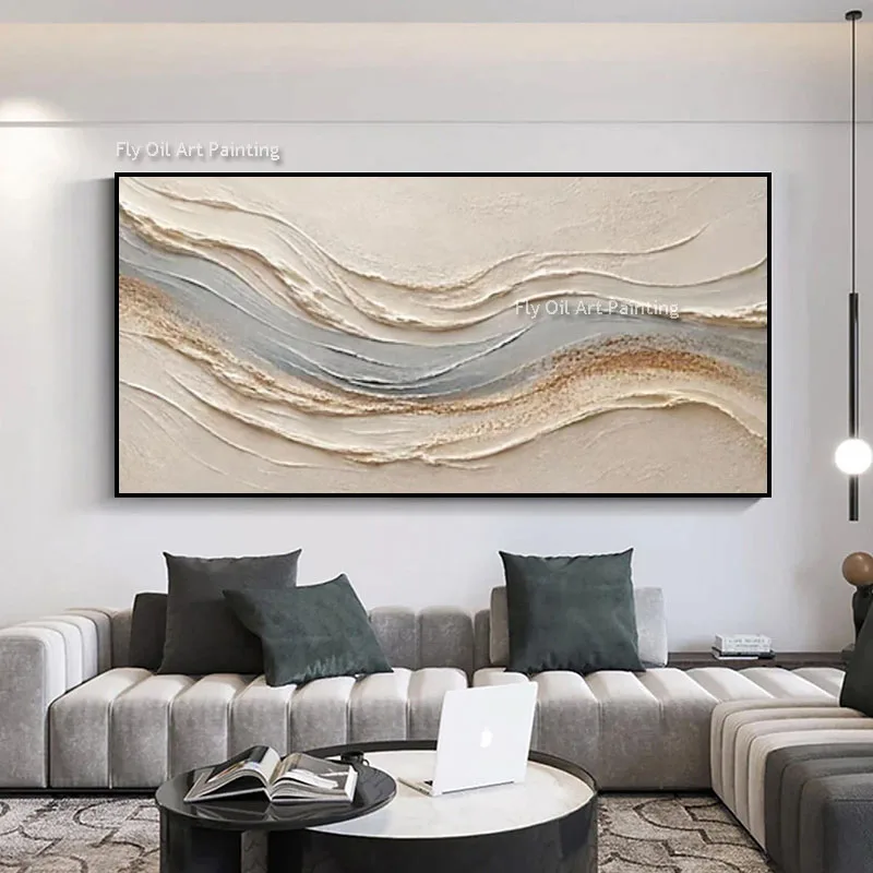 Thick Texture Handpainted Oil Painting, Soft Neutral Flow Canvas Art, Calm Abstract Statement Wall Decor