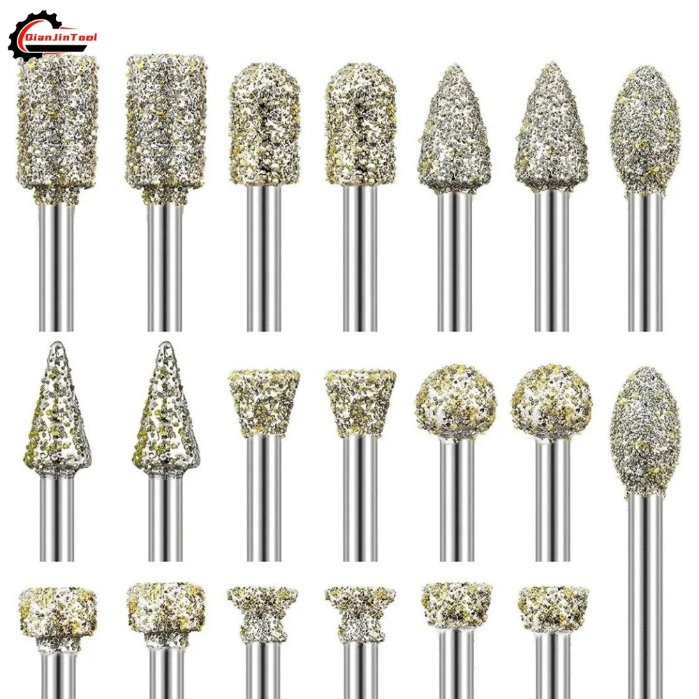 20Pcs Diamond Grinding Head Burr Polishing Drill Bit Set for Dremel Rotary Tool 3mm Shank Carving Head Grinding Tool Accessories