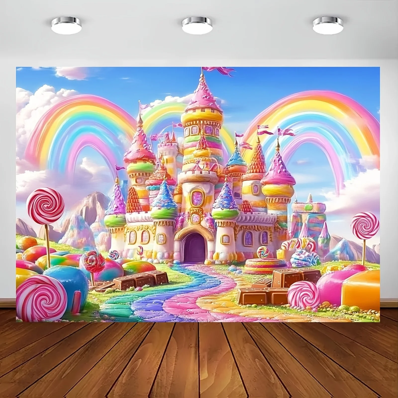 1, farbenfrohes 2D-Lutscher- und Eisschloss-Hintergrundbanner, geeignet für Geburtstage, Partys, mehrere Größen zur Auswahl
