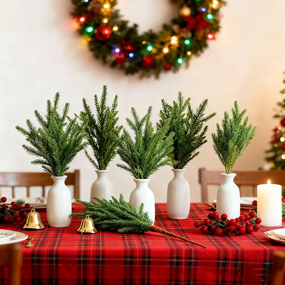 6 قطع من فروع الصنوبر نورفولك لعيد الميلاد، سيقان عيد الميلاد الاصطناعية من خشب نورفولك، خضراء عيد الميلاد الصناعية