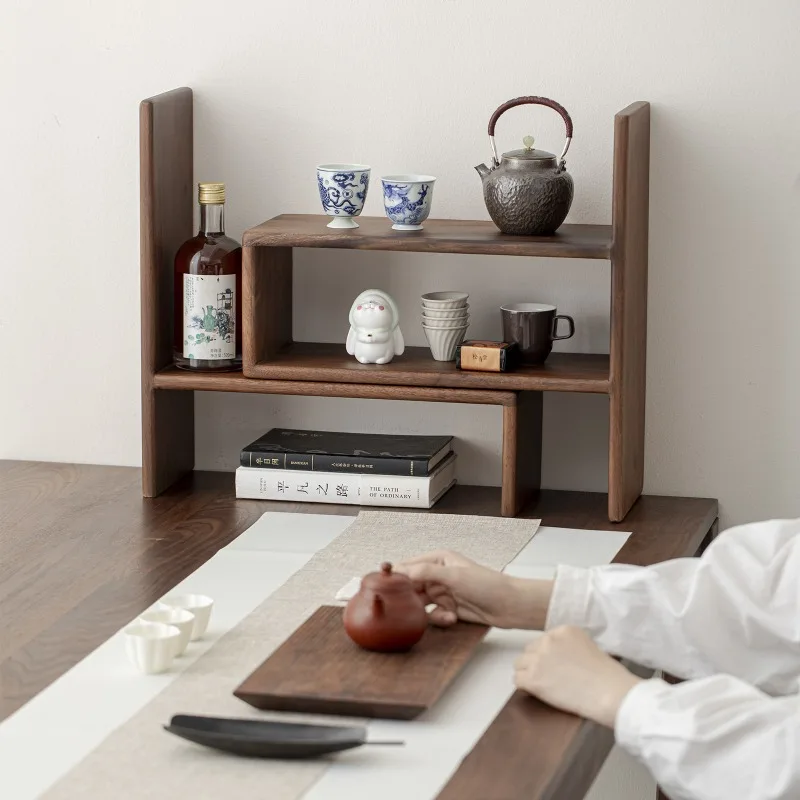 Black Walnut Solid Wood Multi-layer Desktop Storage Rack Mid-ancient Style Display Shelf for Teaware Cups Desk Organizer